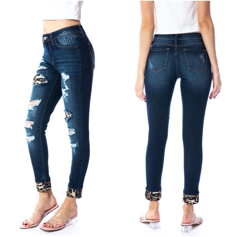 Kancan Mid Rise Leopard Patch Ankle Skinny - Picture 5 of 6